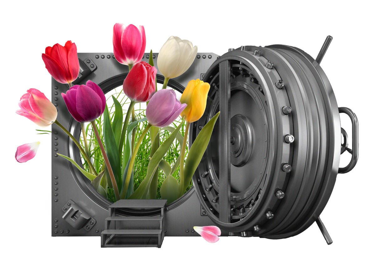 Stylized image of a bank vault opening to reveal flowers inside