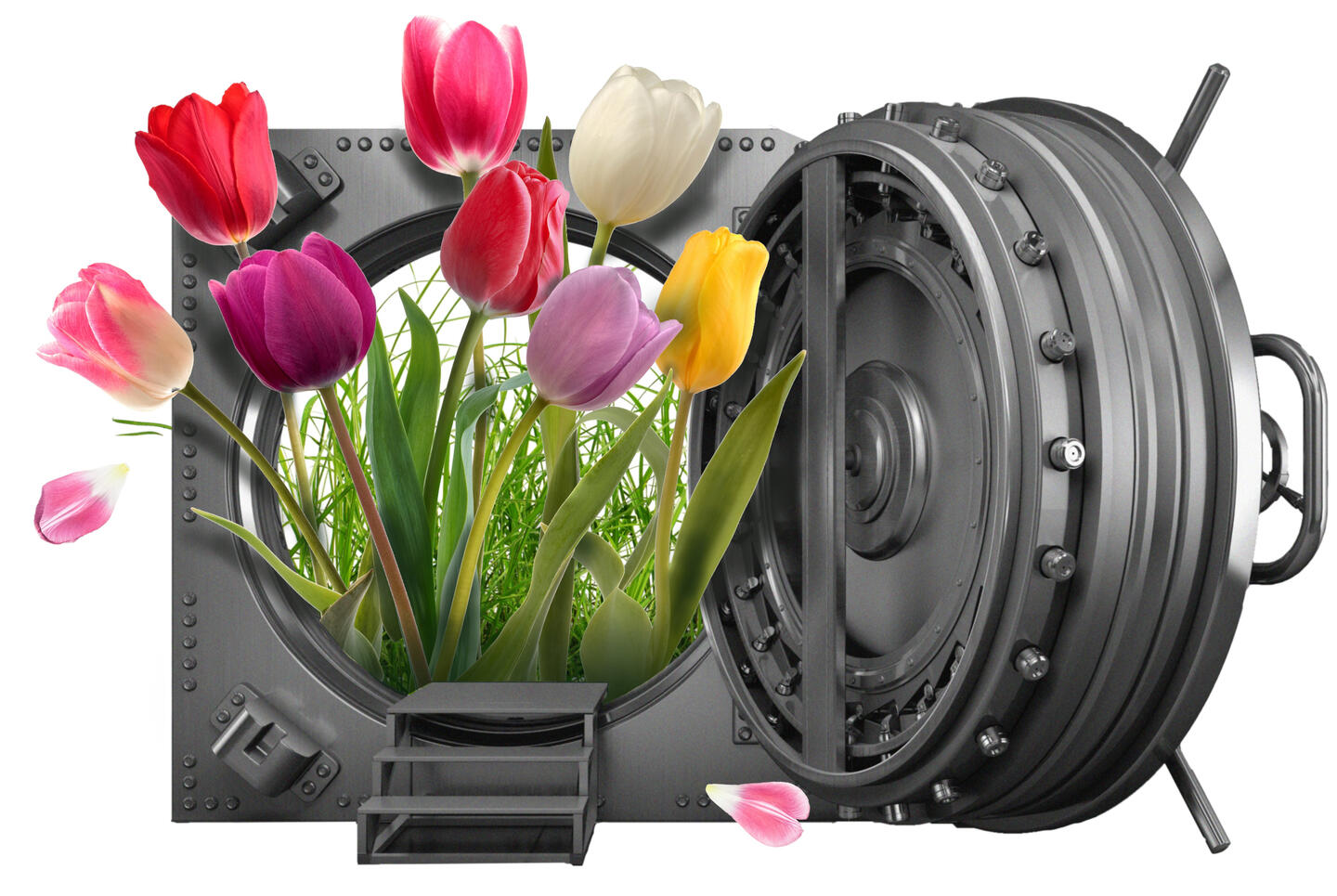 Stylized image of a bank vault opening to reveal flowers inside